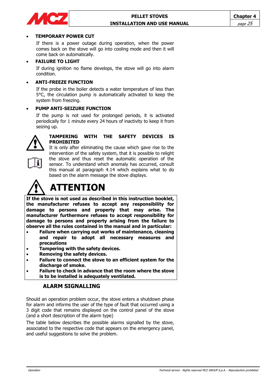 Alarm signalling, Attention | MCZ Club HYDRO 15 kW User Manual | Page 25 / 44