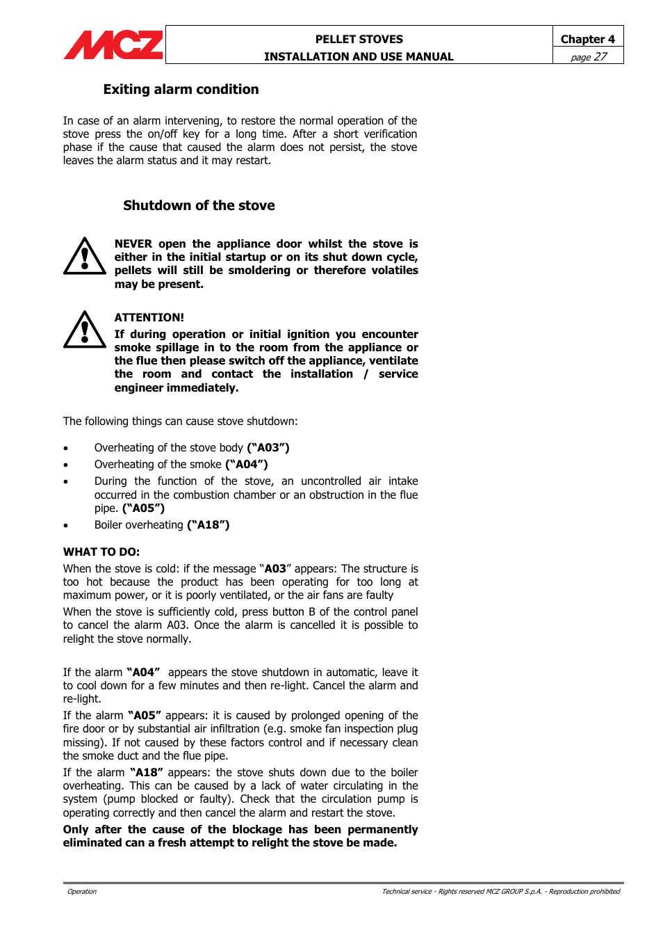 Exiting alarm condition, Shutdown of the stove | MCZ Club HYDRO 15 kW User Manual | Page 27 / 44