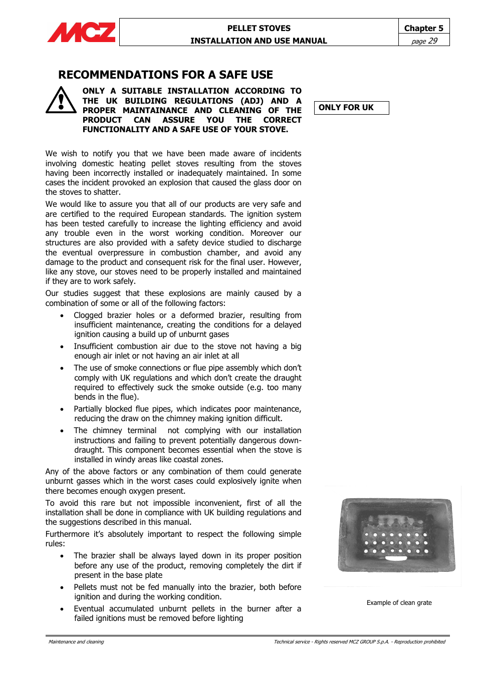 Recommendations for a safe use | MCZ Club HYDRO 15 kW User Manual | Page 29 / 44