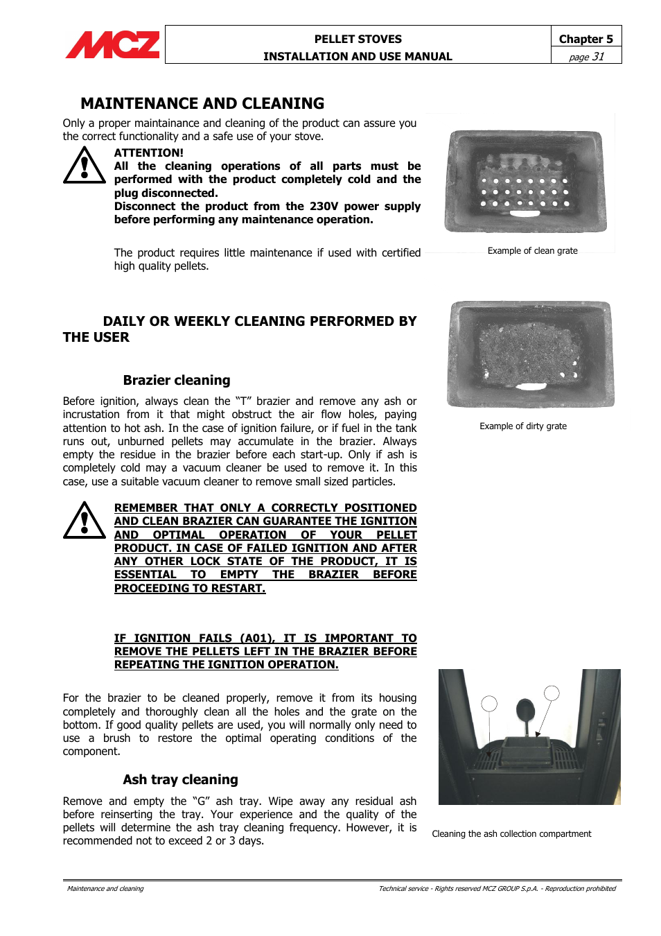 Maintenance and cleaning, Daily or weekly cleaning performed by the user, Brazier cleaning | Ash tray cleaning | MCZ Club HYDRO 15 kW User Manual | Page 31 / 44