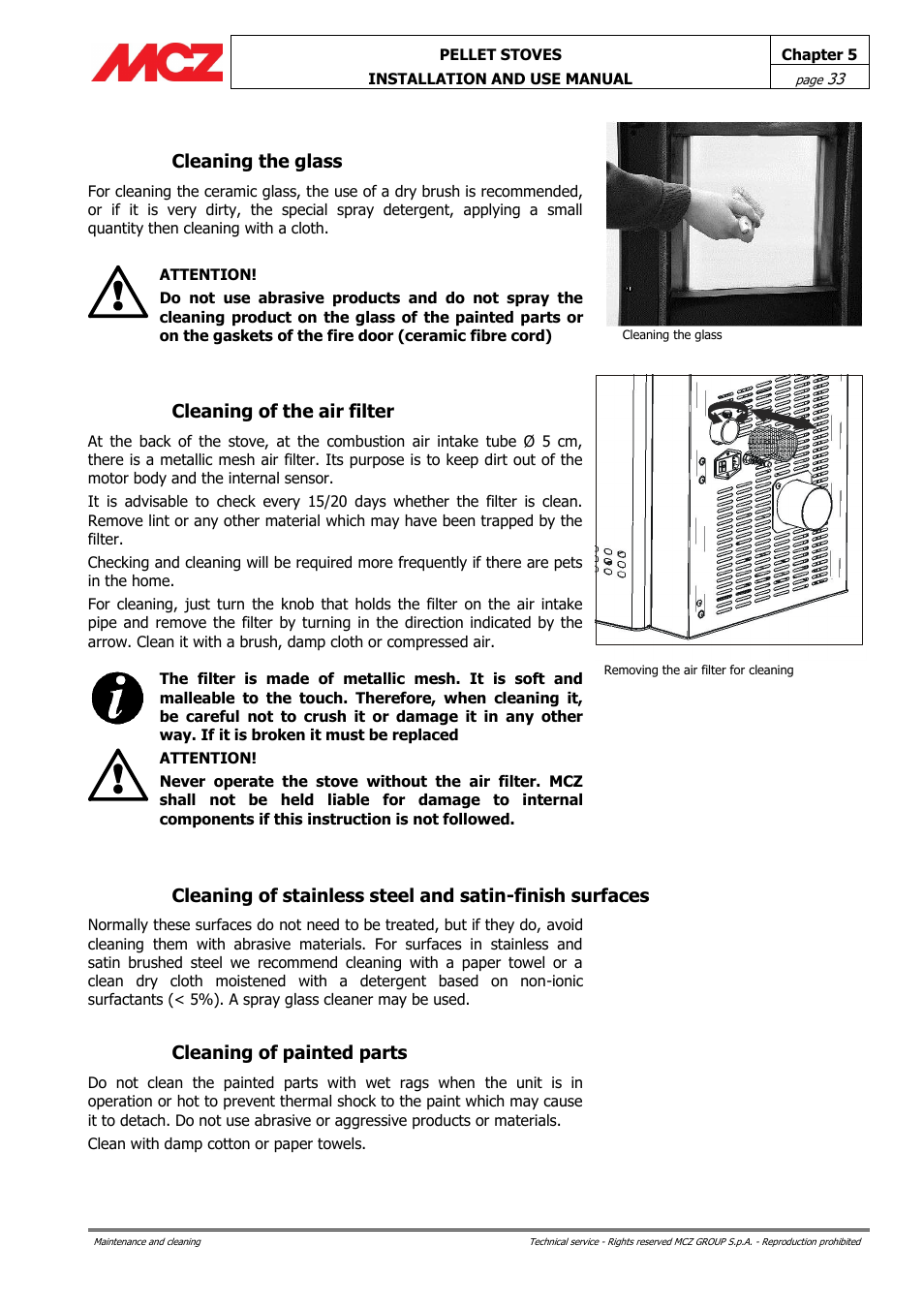 Cleaning the glass, Cleaning of the air filter, Cleaning of painted parts | MCZ Club HYDRO 15 kW User Manual | Page 33 / 44