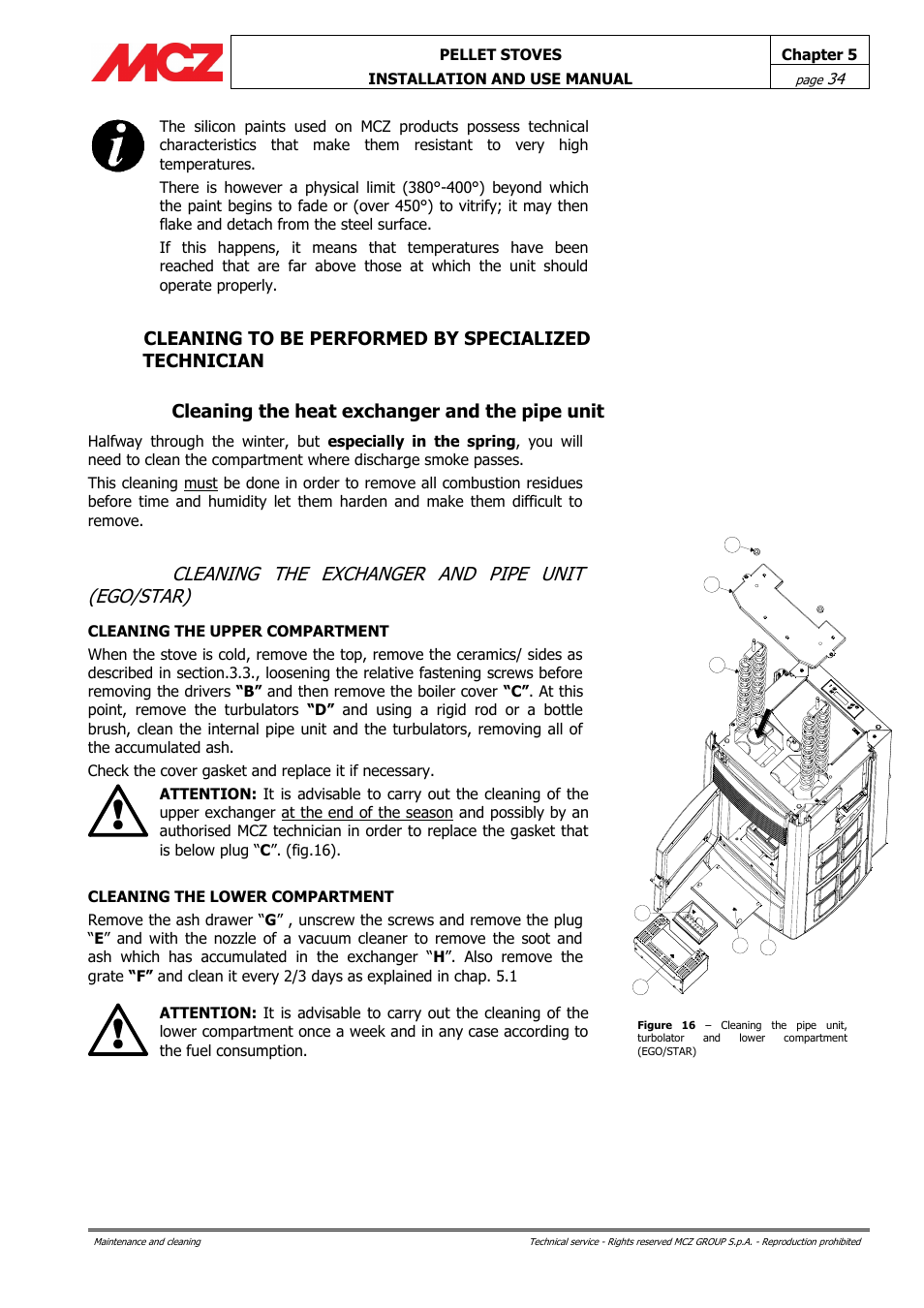 Cleaning to be performed by specialized technician, Cleaning the heat exchanger and the pipe unit, Cleaning the exchanger and pipe unit (ego/star) | MCZ Club HYDRO 15 kW User Manual | Page 34 / 44