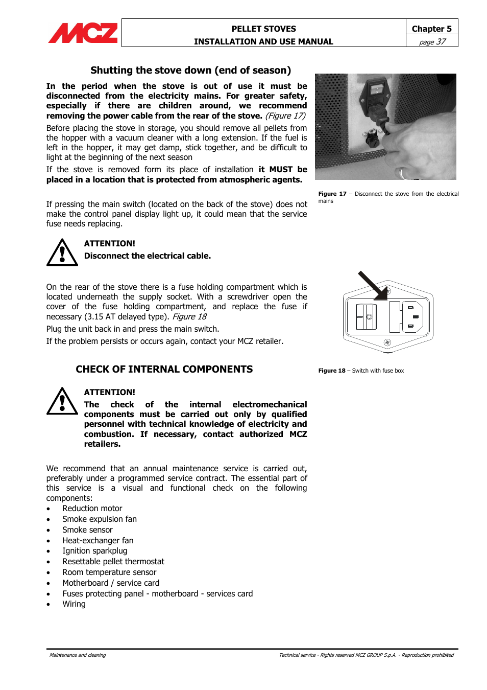 Shutting the stove down (end of season), Check of internal components | MCZ Club HYDRO 15 kW User Manual | Page 37 / 44