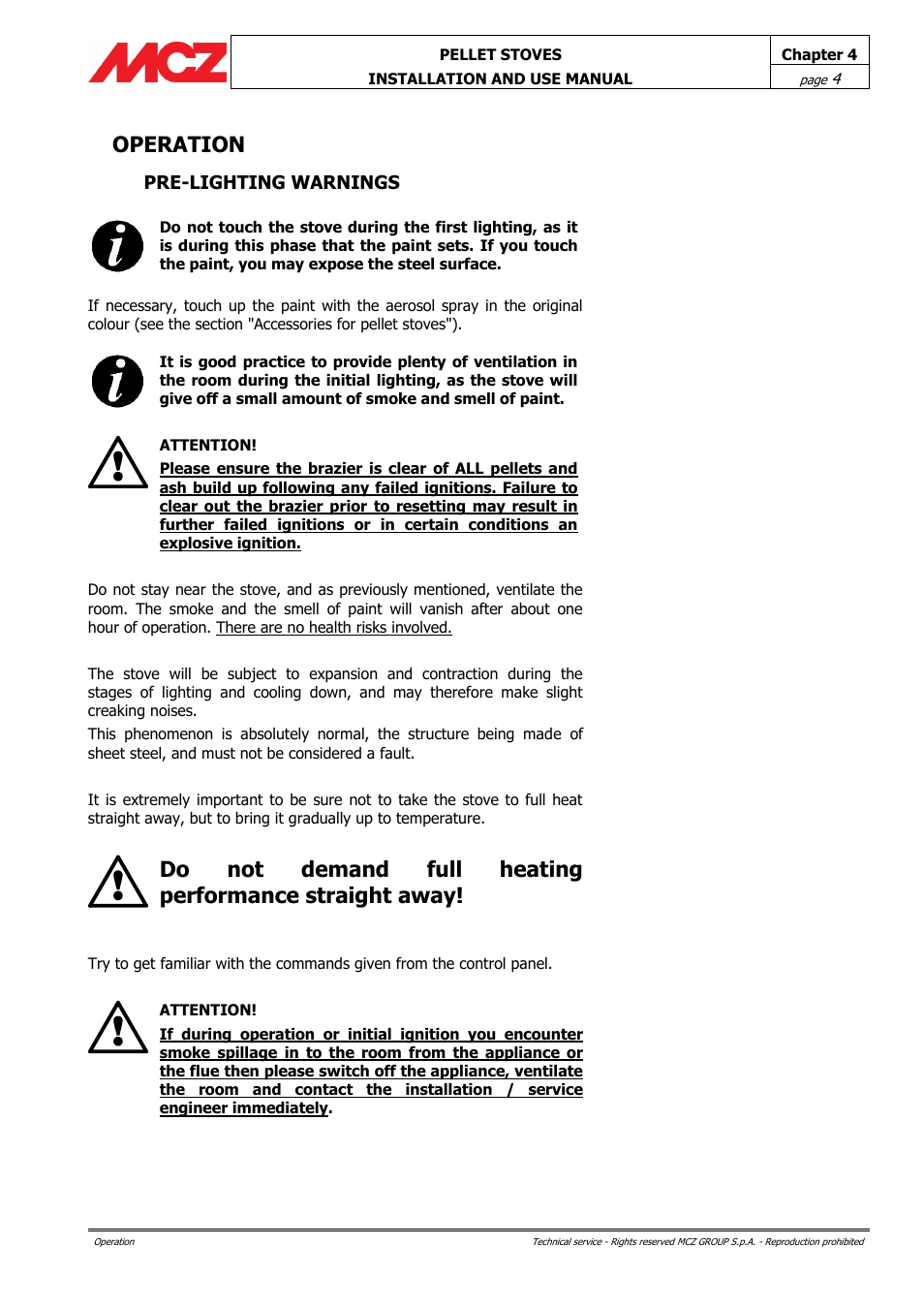 Operation, Pre-lighting warnings | MCZ Club HYDRO 15 kW User Manual | Page 4 / 44
