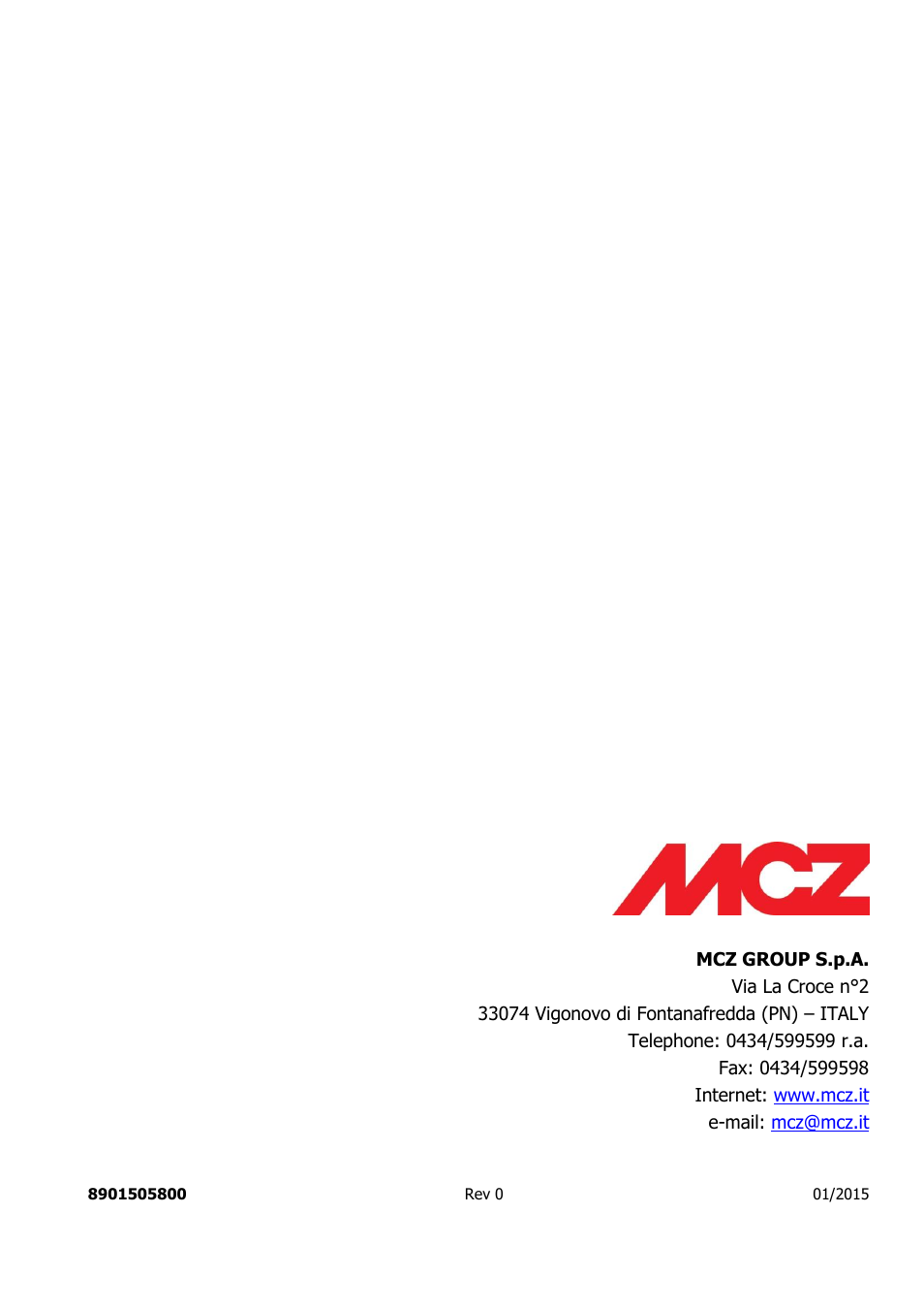 MCZ Club HYDRO 15 kW User Manual | Page 44 / 44