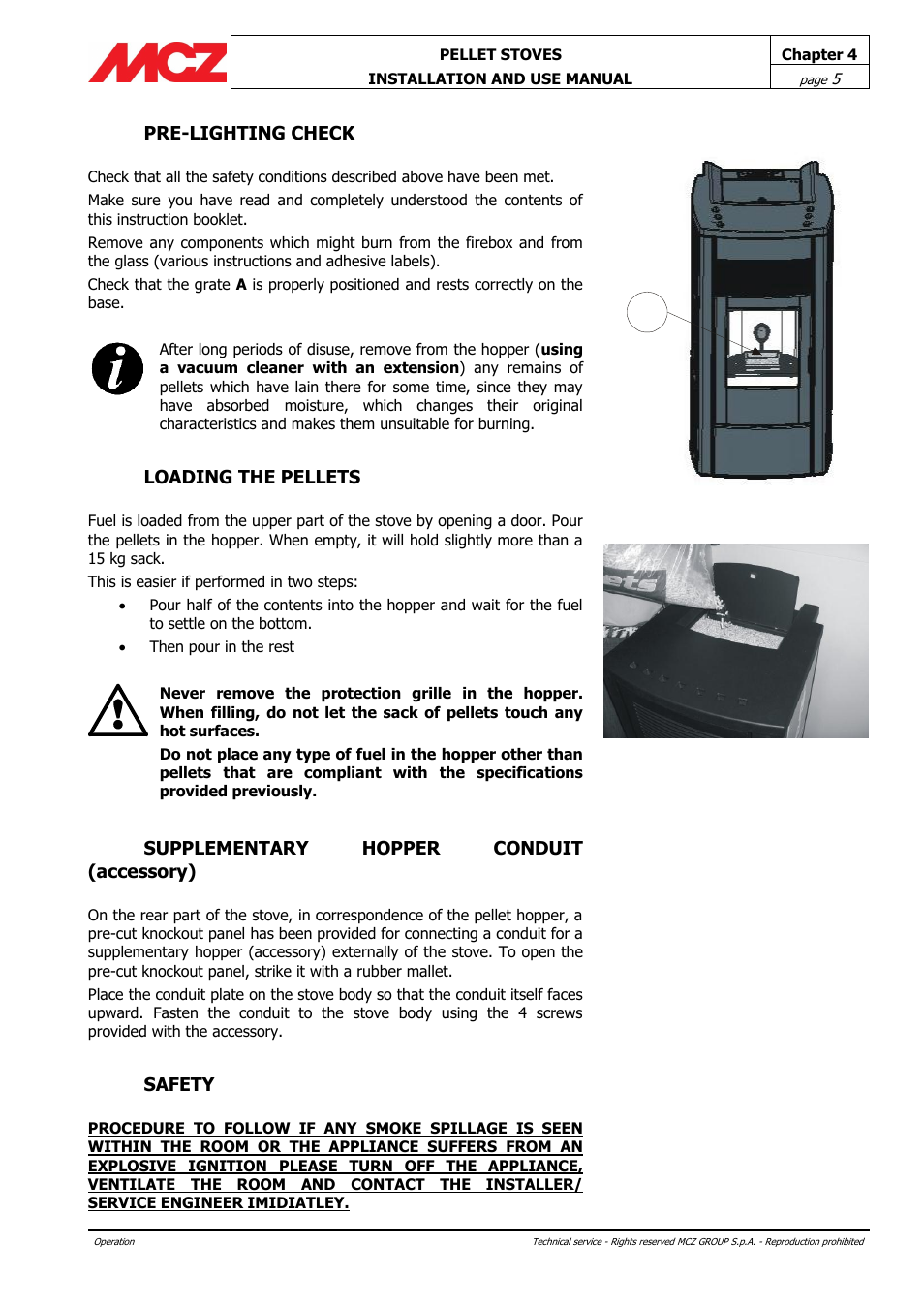 Pre-lighting check, Loading the pellets, Supplementary hopper conduit (accessory) | Safety | MCZ Club HYDRO 15 kW User Manual | Page 5 / 44