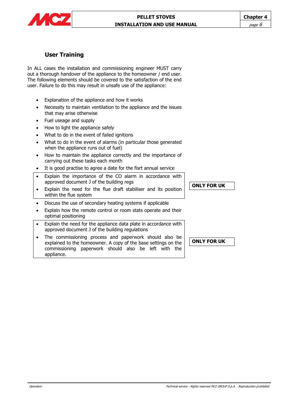 User training | MCZ Club HYDRO 15 kW User Manual | Page 6 / 44