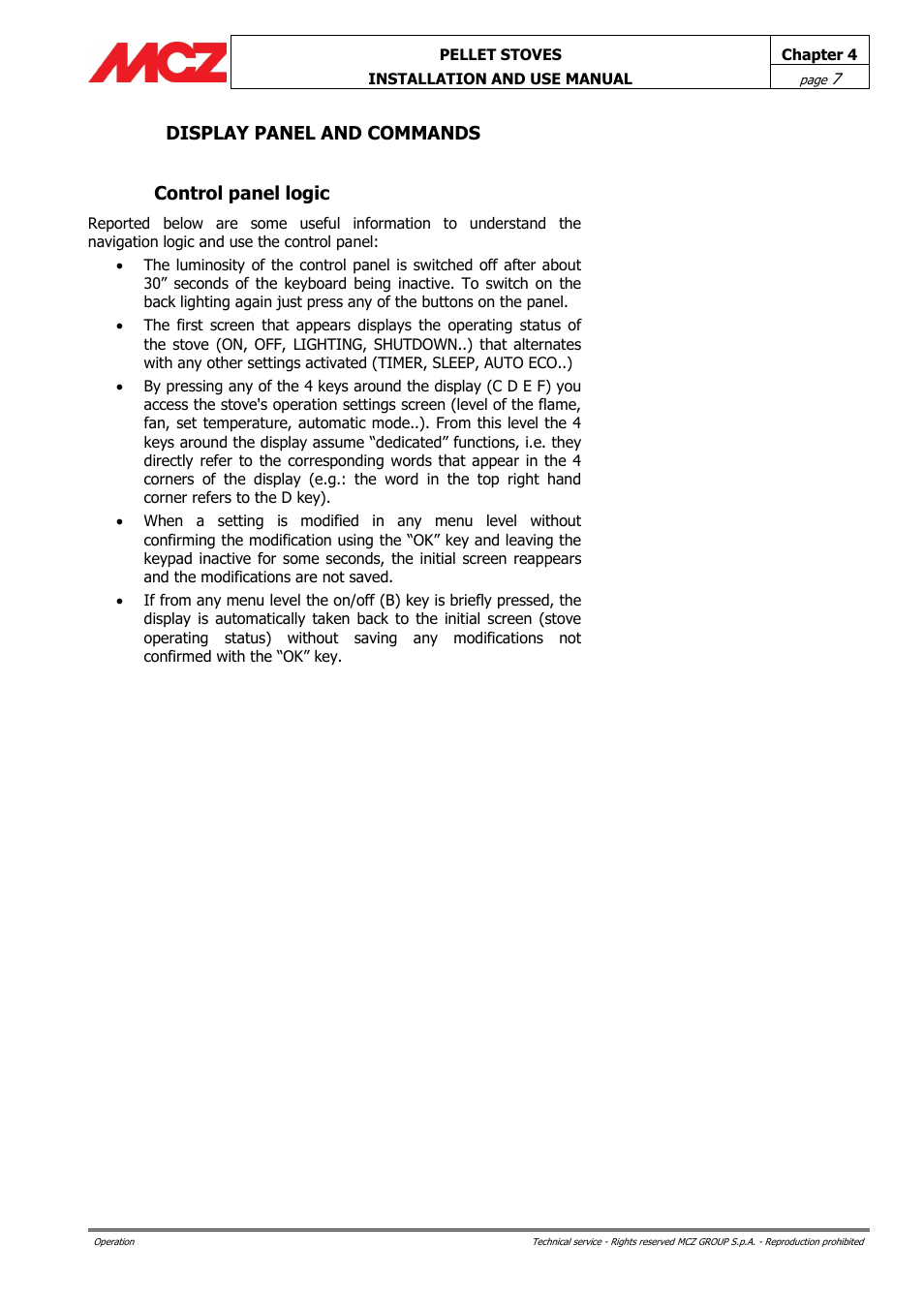 Display panel and commands, Control panel logic | MCZ Club HYDRO 15 kW User Manual | Page 7 / 44