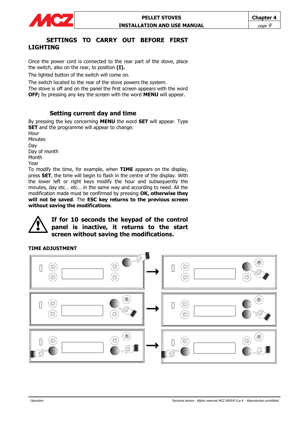 Settings to carry out before first lighting, Setting current day and time | MCZ Club HYDRO 15 kW User Manual | Page 9 / 44