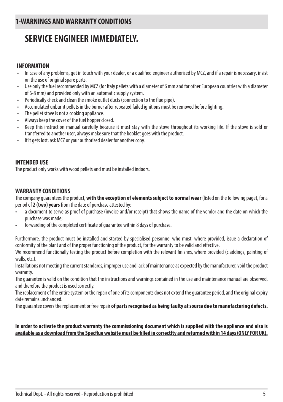 Service engineer immediately, Warnings and warranty conditions | MCZ Duo HYDRO AIR User Manual | Page 7 / 40