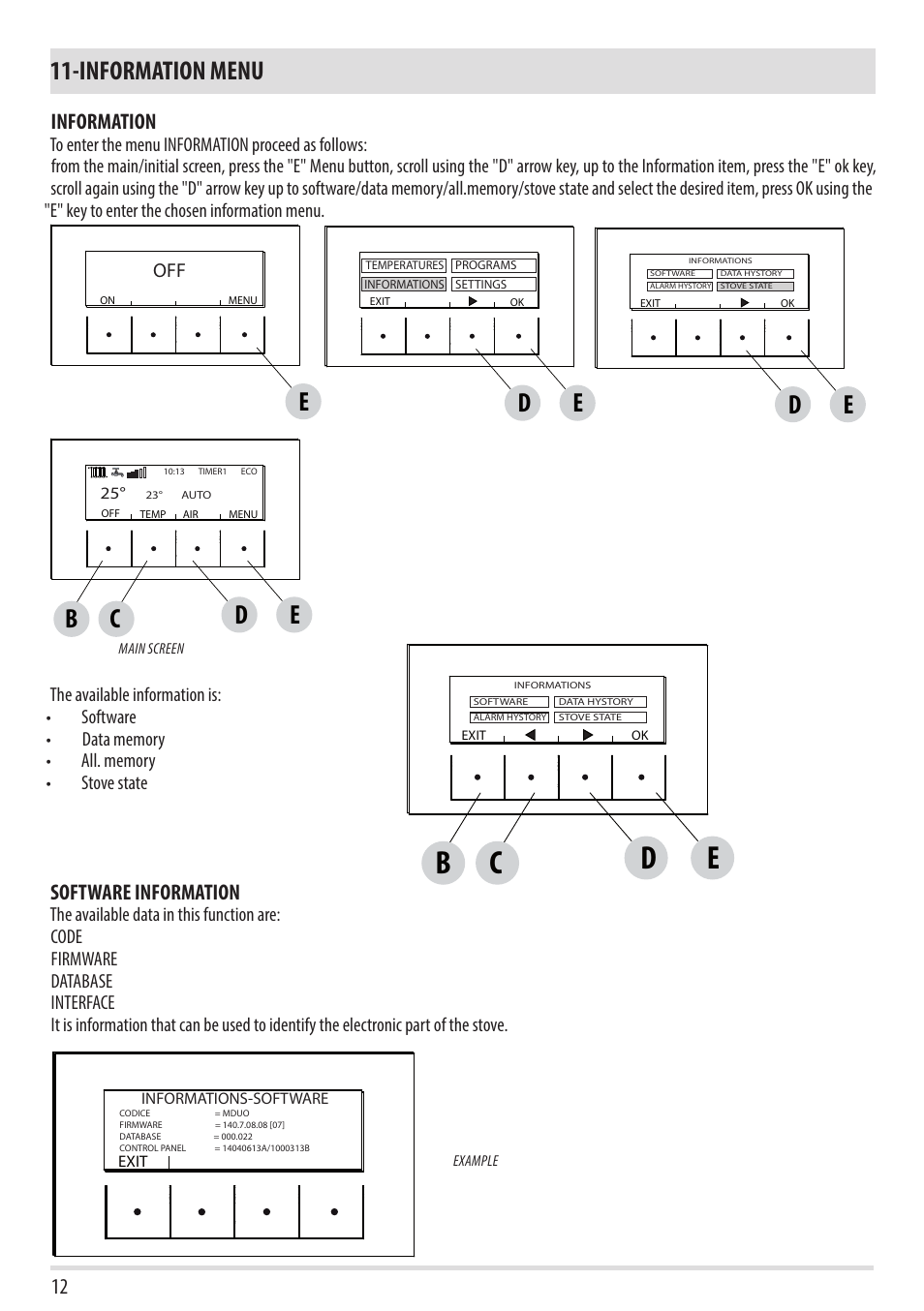 Information menu, Be c d, Information | Software information | MCZ Duo HYDRO AIR User Manual | Page 12 / 52