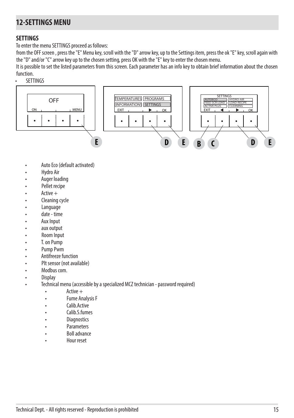 Settings menu, Db e | MCZ Duo HYDRO AIR User Manual | Page 15 / 52