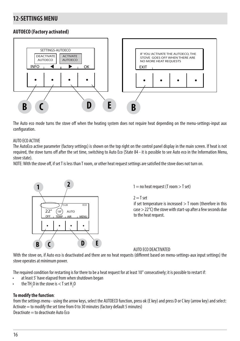 Be c d, Settings menu | MCZ Duo HYDRO AIR User Manual | Page 16 / 52