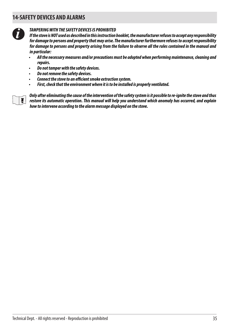 Safety devices and alarms | MCZ Duo HYDRO AIR User Manual | Page 35 / 52