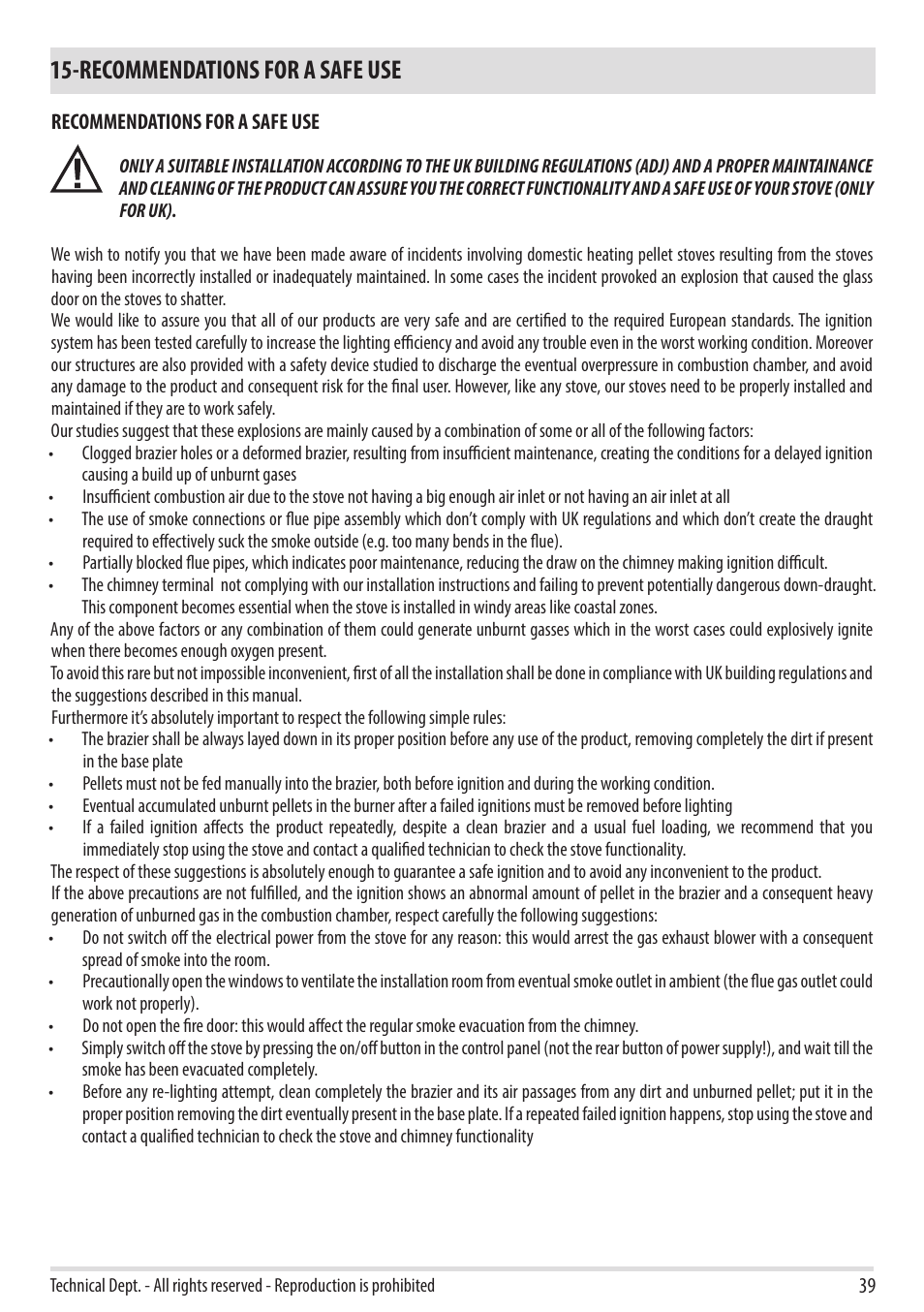 Recommendations for a safe use | MCZ Duo HYDRO AIR User Manual | Page 39 / 52