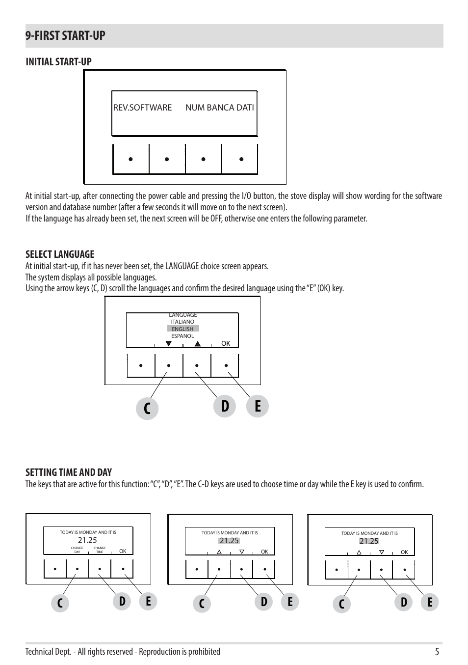 Cd e, First start-up, Initial start-up | Select language, Setting time and day | MCZ Duo HYDRO AIR User Manual | Page 5 / 52