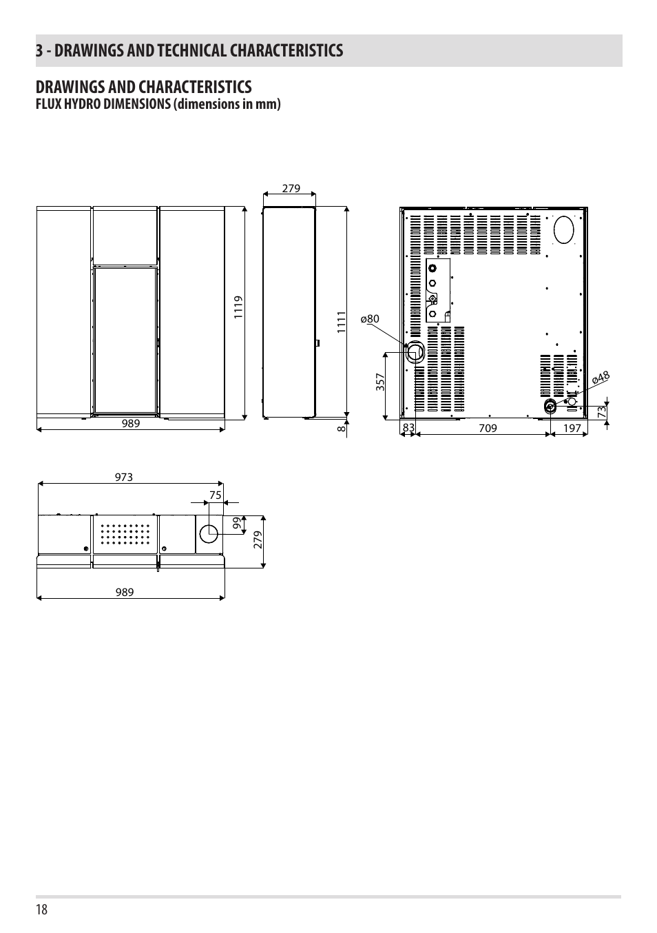 Flux hydro dimensions (dimensions in mm) | MCZ Flux HYDRO User Manual | Page 20 / 44