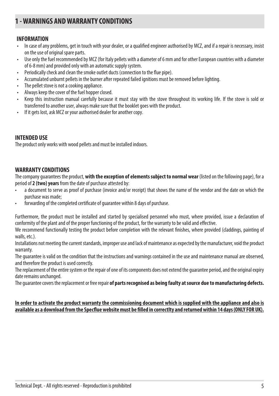 1 - warnings and warranty conditions | MCZ Flux HYDRO User Manual | Page 7 / 44