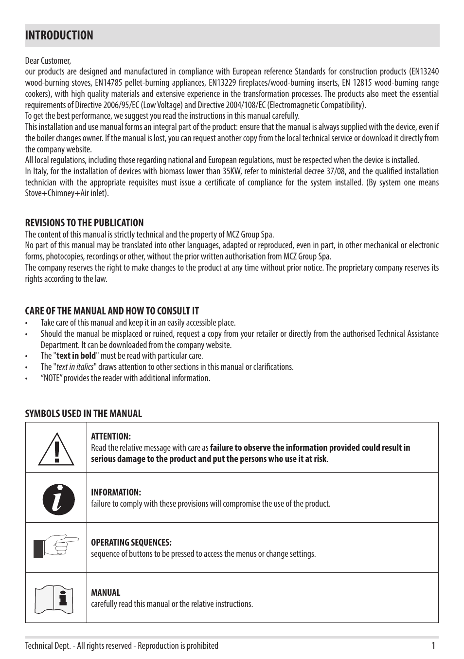 Introduction | MCZ Swing HYDRO User Manual | Page 3 / 40