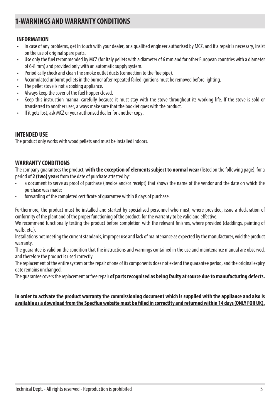 Warnings and warranty conditions | MCZ Swing HYDRO User Manual | Page 7 / 40