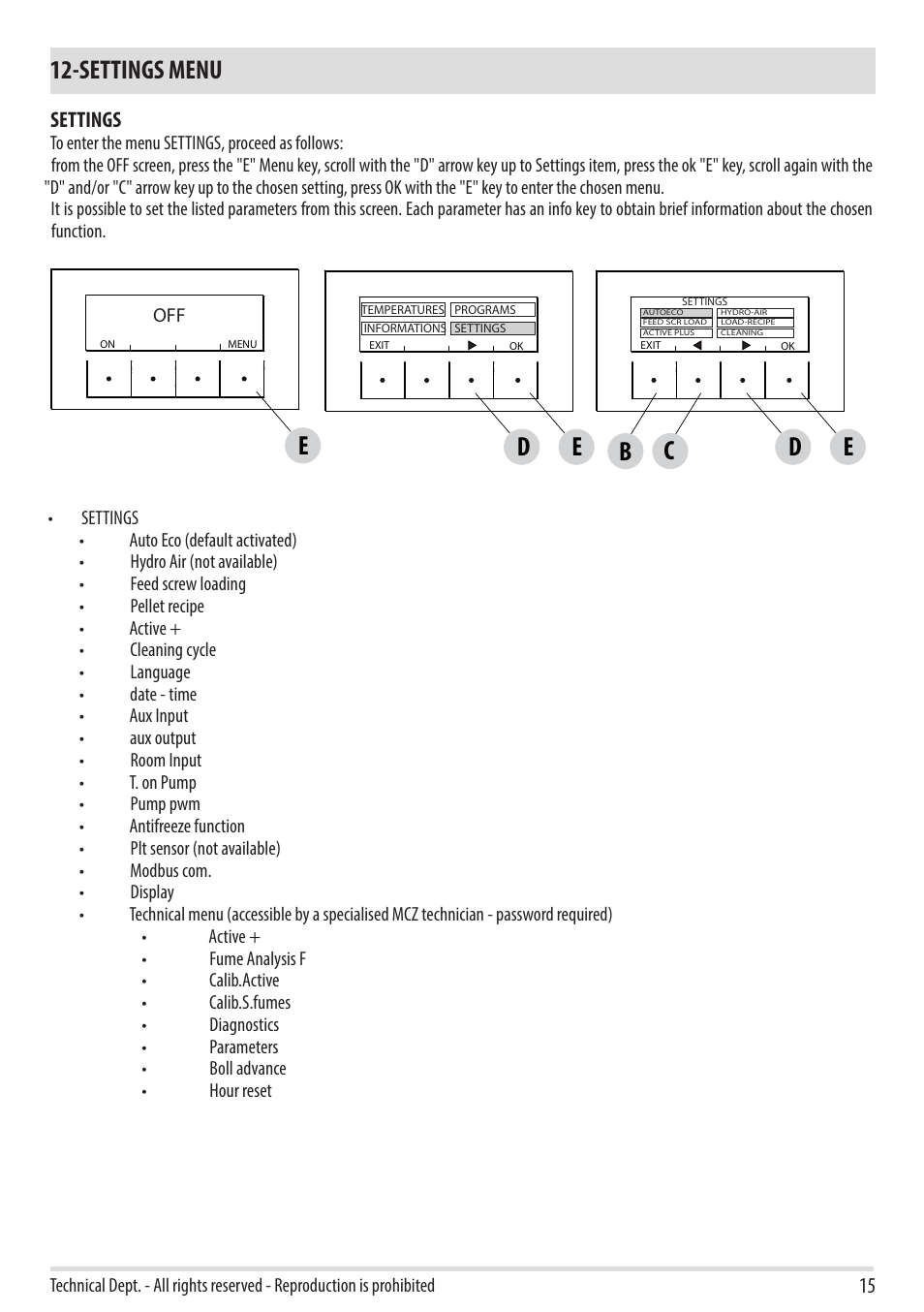 Settings menu, Db e | MCZ Swing HYDRO User Manual | Page 15 / 52