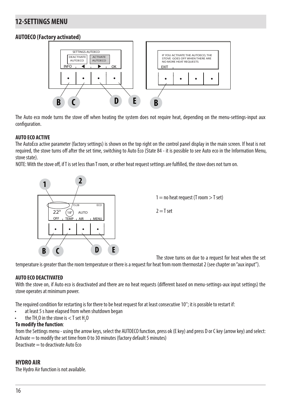 Be c d, Settings menu | MCZ Swing HYDRO User Manual | Page 16 / 52