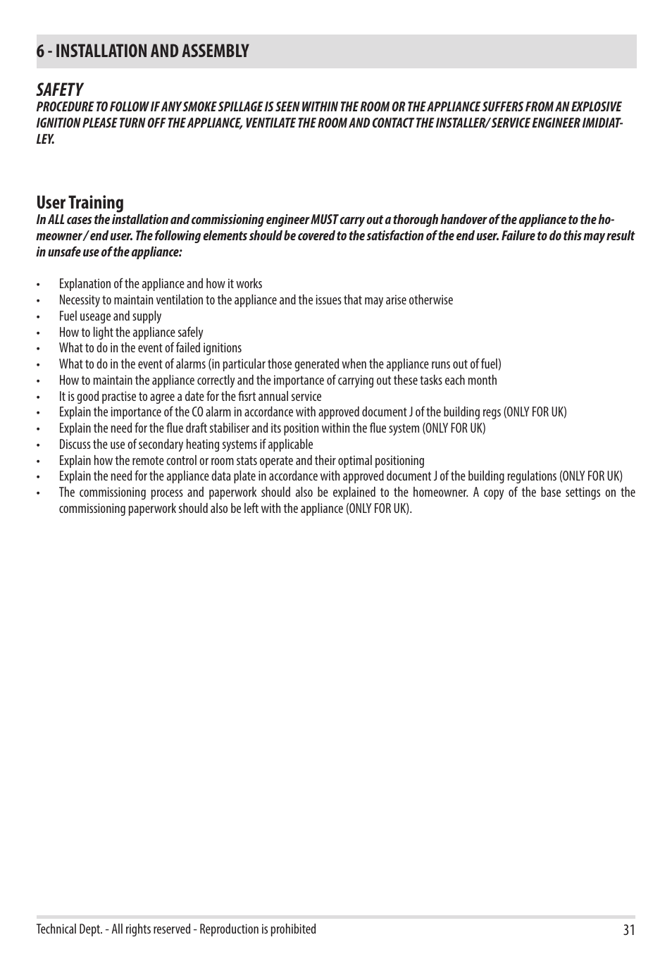 6 - installation and assembly, Safety, User training | MCZ Toba HYDRO 22 User Manual | Page 33 / 44