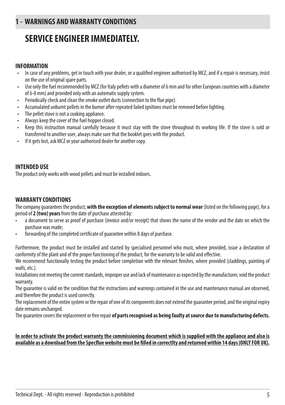 Service engineer immediately, 1 - warnings and warranty conditions | MCZ Toba HYDRO 22 User Manual | Page 7 / 44