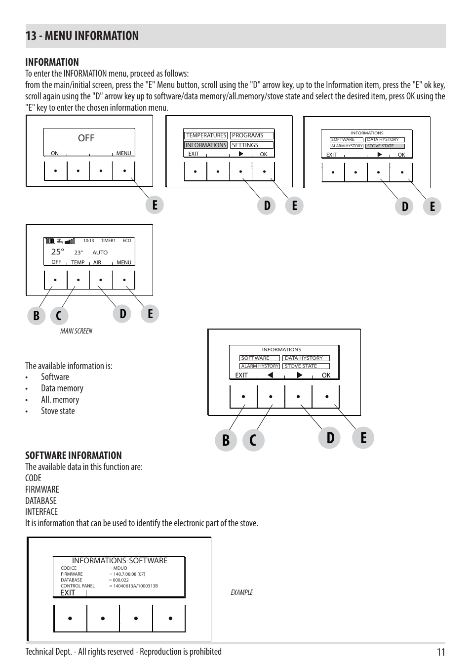 13 - menu information, Be c d, Information | Software information | MCZ Toba HYDRO 22 User Manual | Page 11 / 52