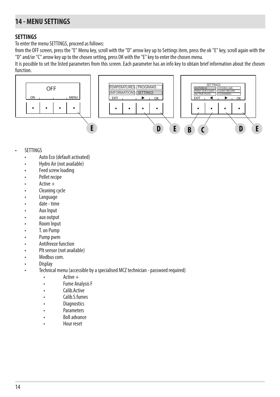 14 - menu settings, Db e | MCZ Toba HYDRO 22 User Manual | Page 14 / 52