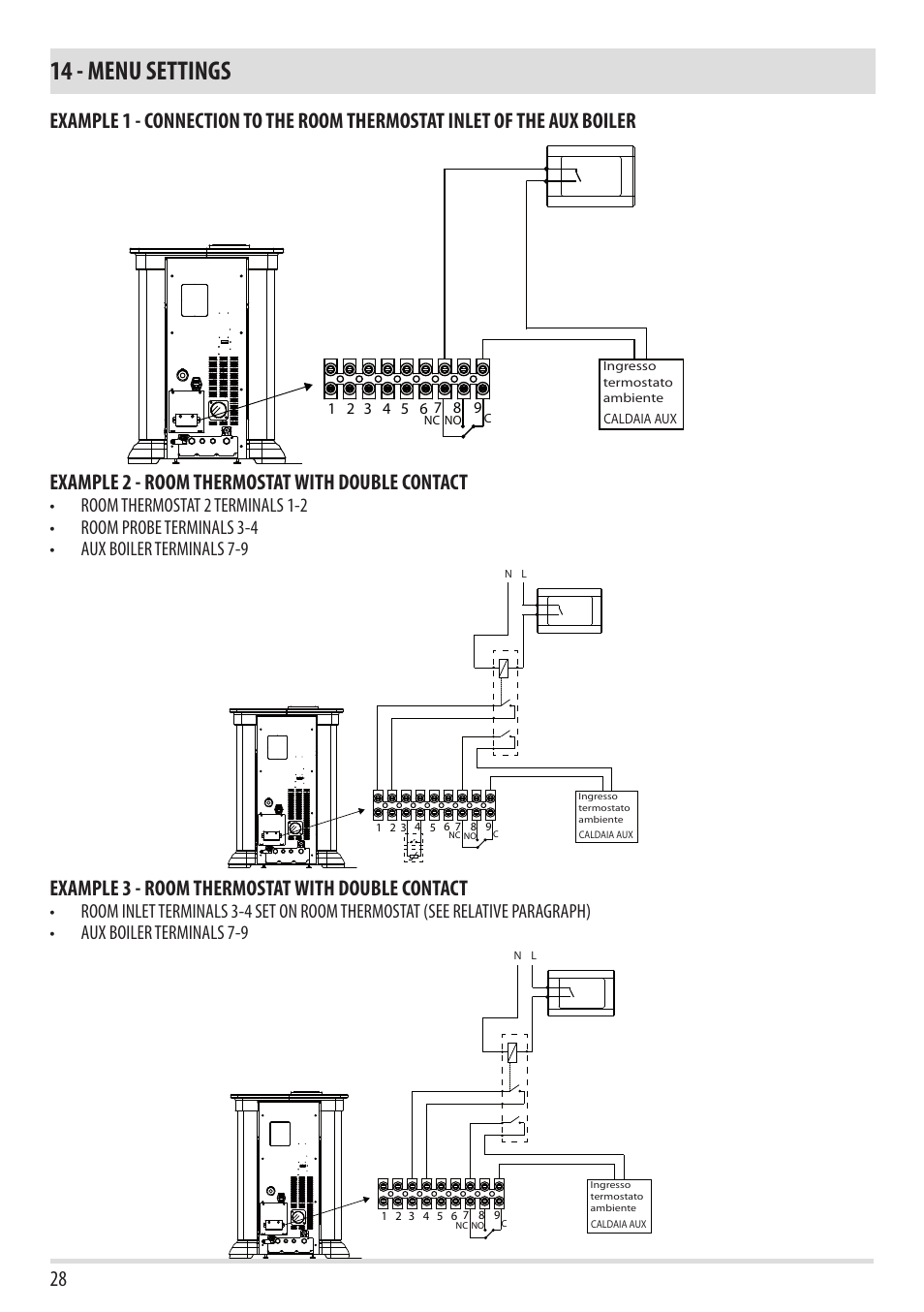 14 - menu settings, Example 3 - room thermostat with double contact | MCZ Toba HYDRO 22 User Manual | Page 28 / 52