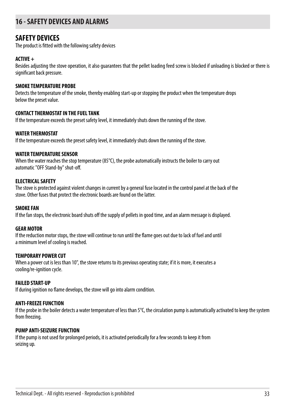 16 - safety devices and alarms, Safety devices | MCZ Toba HYDRO 22 User Manual | Page 33 / 52