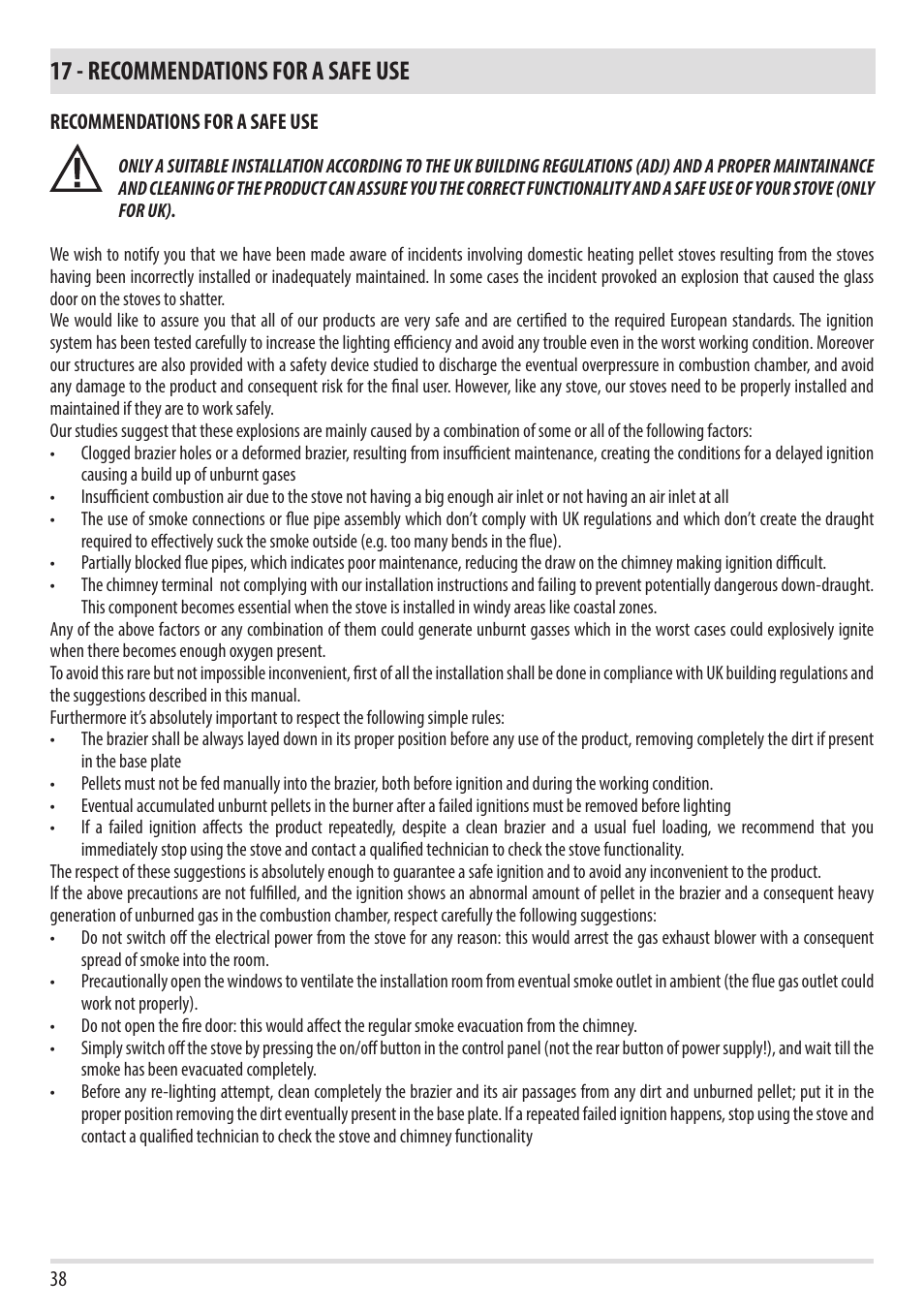 17 - recommendations for a safe use | MCZ Toba HYDRO 22 User Manual | Page 38 / 52