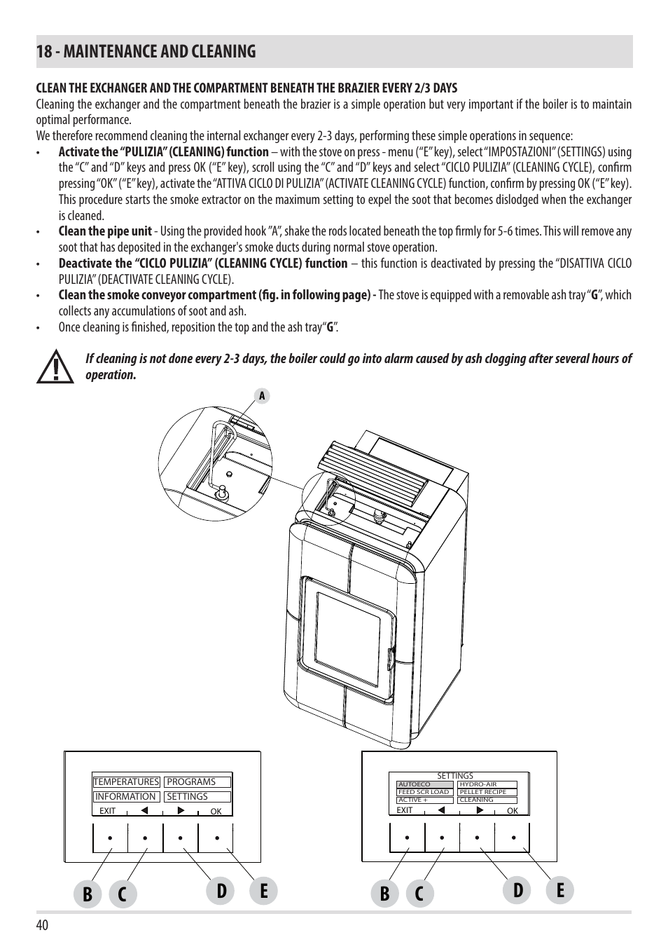 Cd b e, 18 - maintenance and cleaning | MCZ Toba HYDRO 22 User Manual | Page 40 / 52