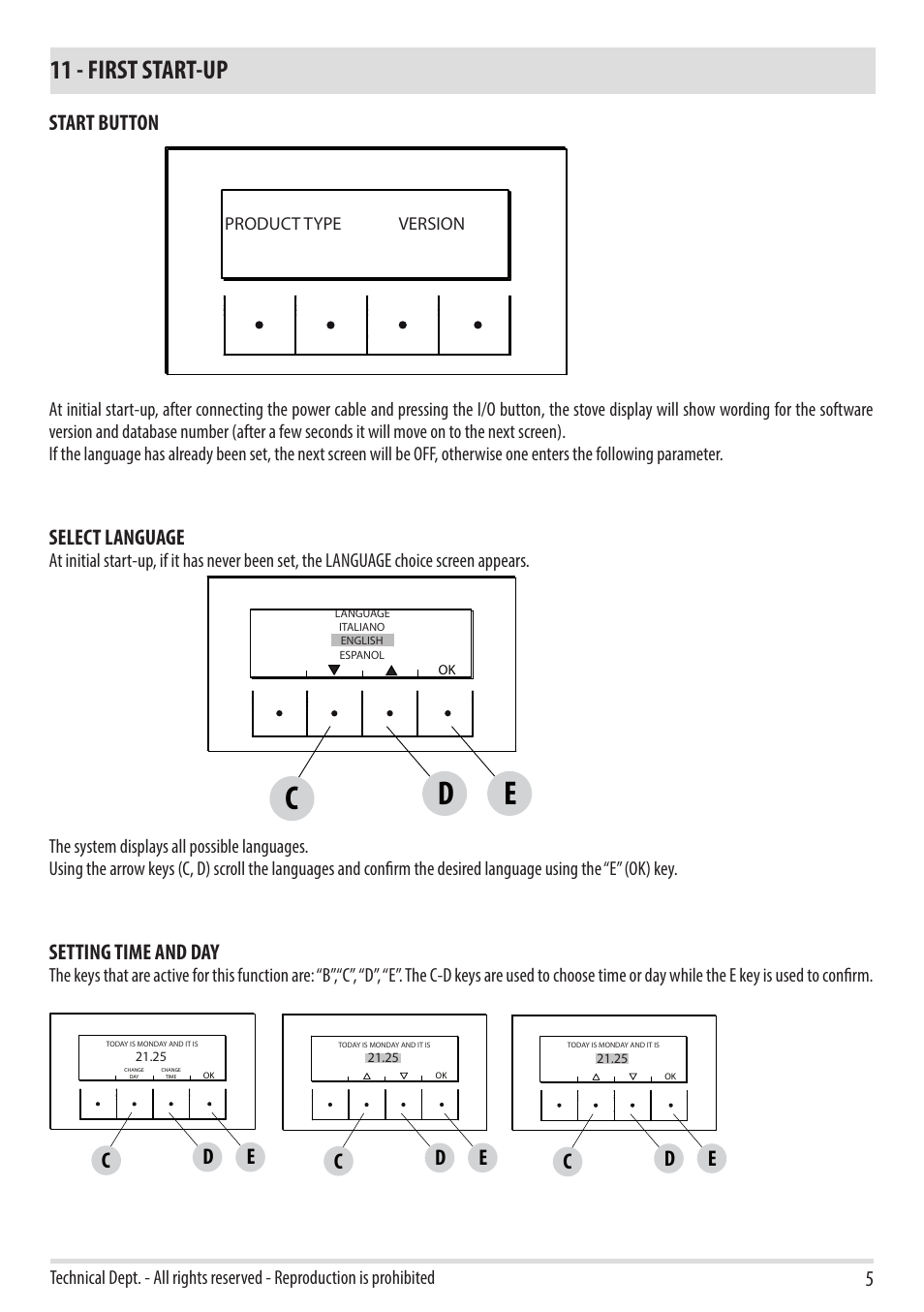 Cd e, 11 - first start-up, Start button | Select language, Setting time and day | MCZ Toba HYDRO 22 User Manual | Page 5 / 52