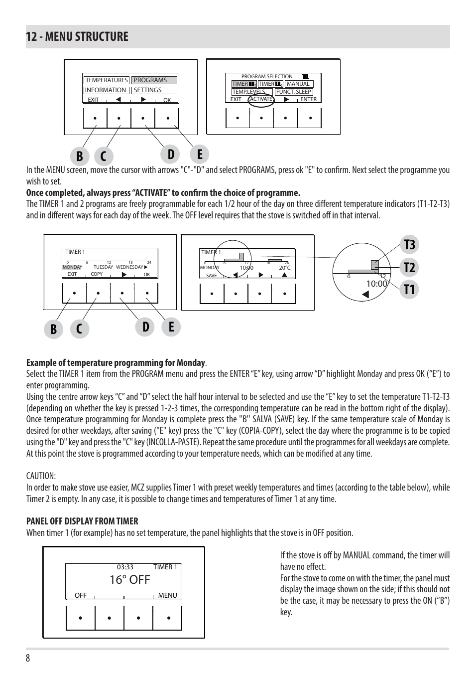 De c b, T3 t1 t2, 12 - menu structure | 16° off | MCZ Toba HYDRO 22 User Manual | Page 8 / 52