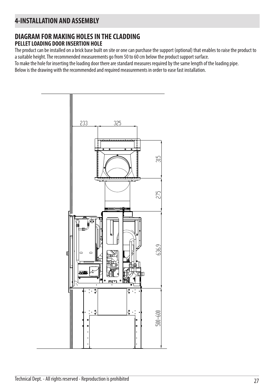 Installation and assembly, Diagram for making holes in the cladding | MCZ Vivo 80 Pellet HYDRO User Manual | Page 29 / 74