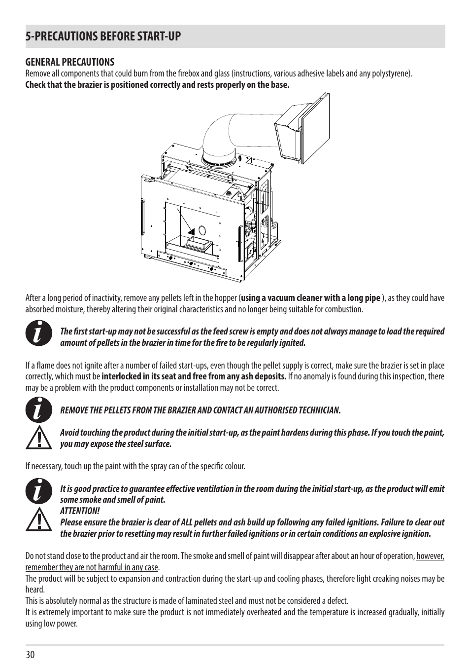 Precautions before start-up | MCZ Vivo 80 Pellet HYDRO User Manual | Page 32 / 74