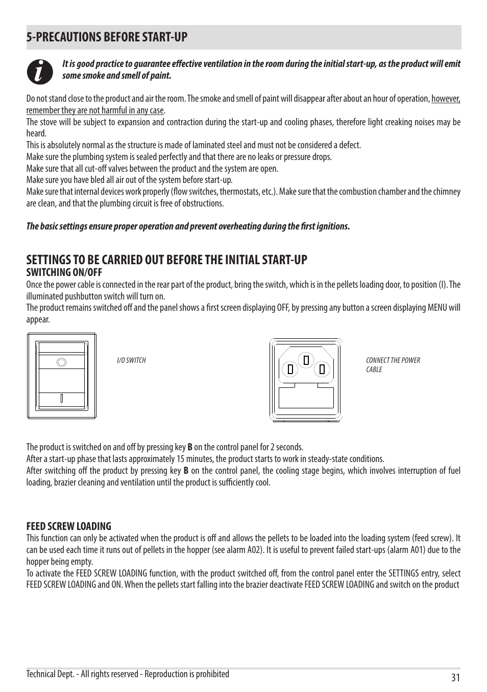 Precautions before start-up | MCZ Vivo 80 Pellet HYDRO User Manual | Page 33 / 74