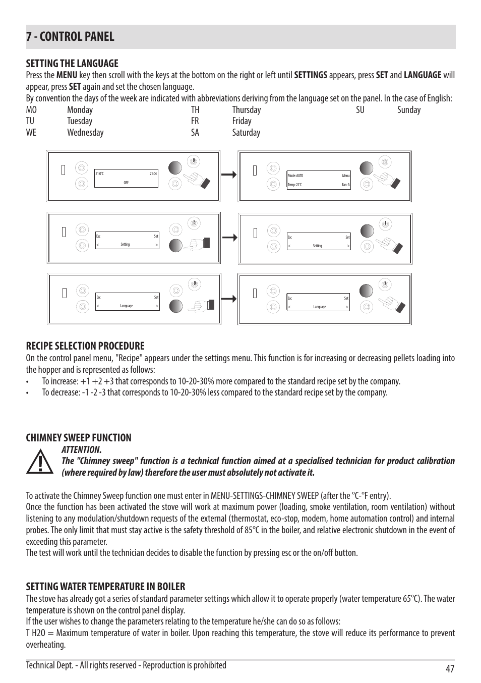 7 - control panel, Setting the language, Recipe selection procedure | Chimney sweep function, Setting water temperature in boiler | MCZ Vivo 80 Pellet HYDRO User Manual | Page 49 / 74