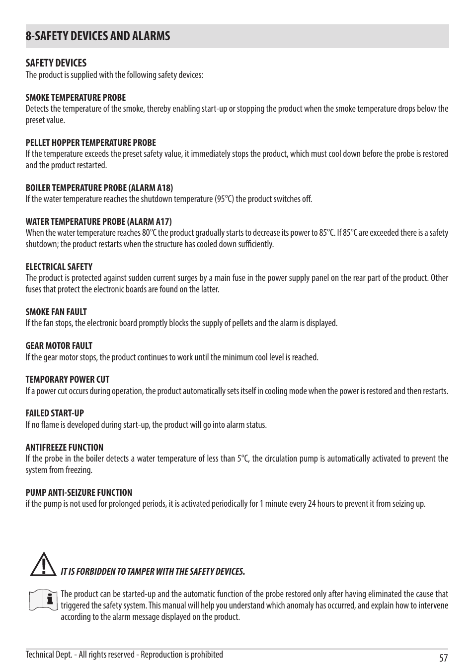 Safety devices and alarms | MCZ Vivo 80 Pellet HYDRO User Manual | Page 59 / 74