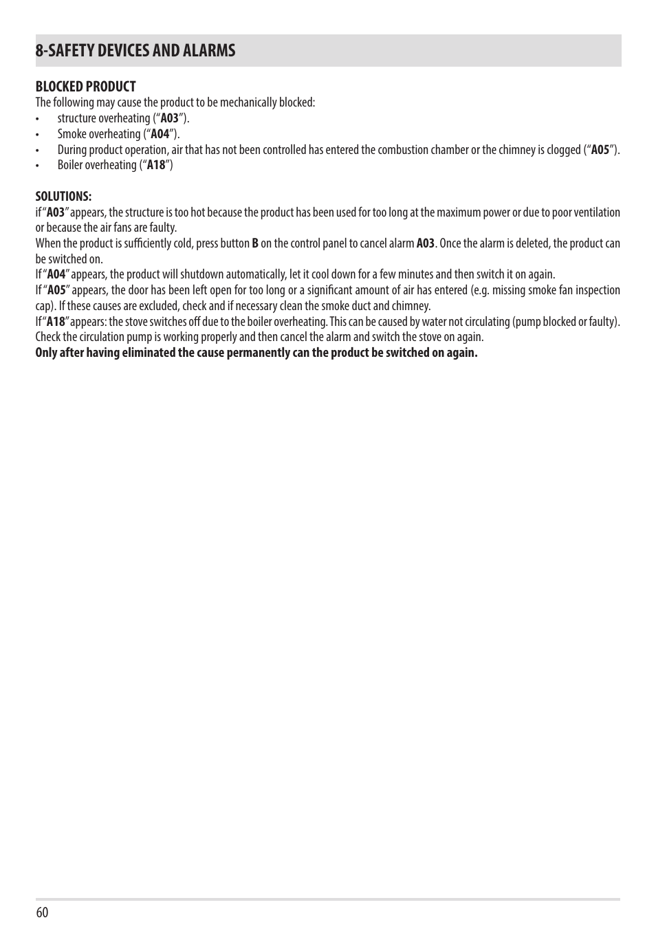 Safety devices and alarms | MCZ Vivo 80 Pellet HYDRO User Manual | Page 62 / 74