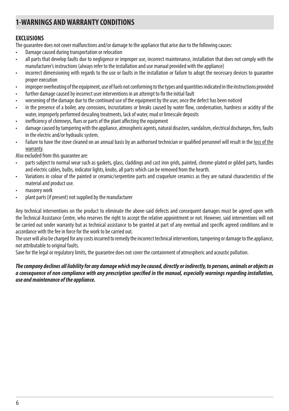 Warnings and warranty conditions | MCZ Vivo 80 Pellet HYDRO User Manual | Page 8 / 74