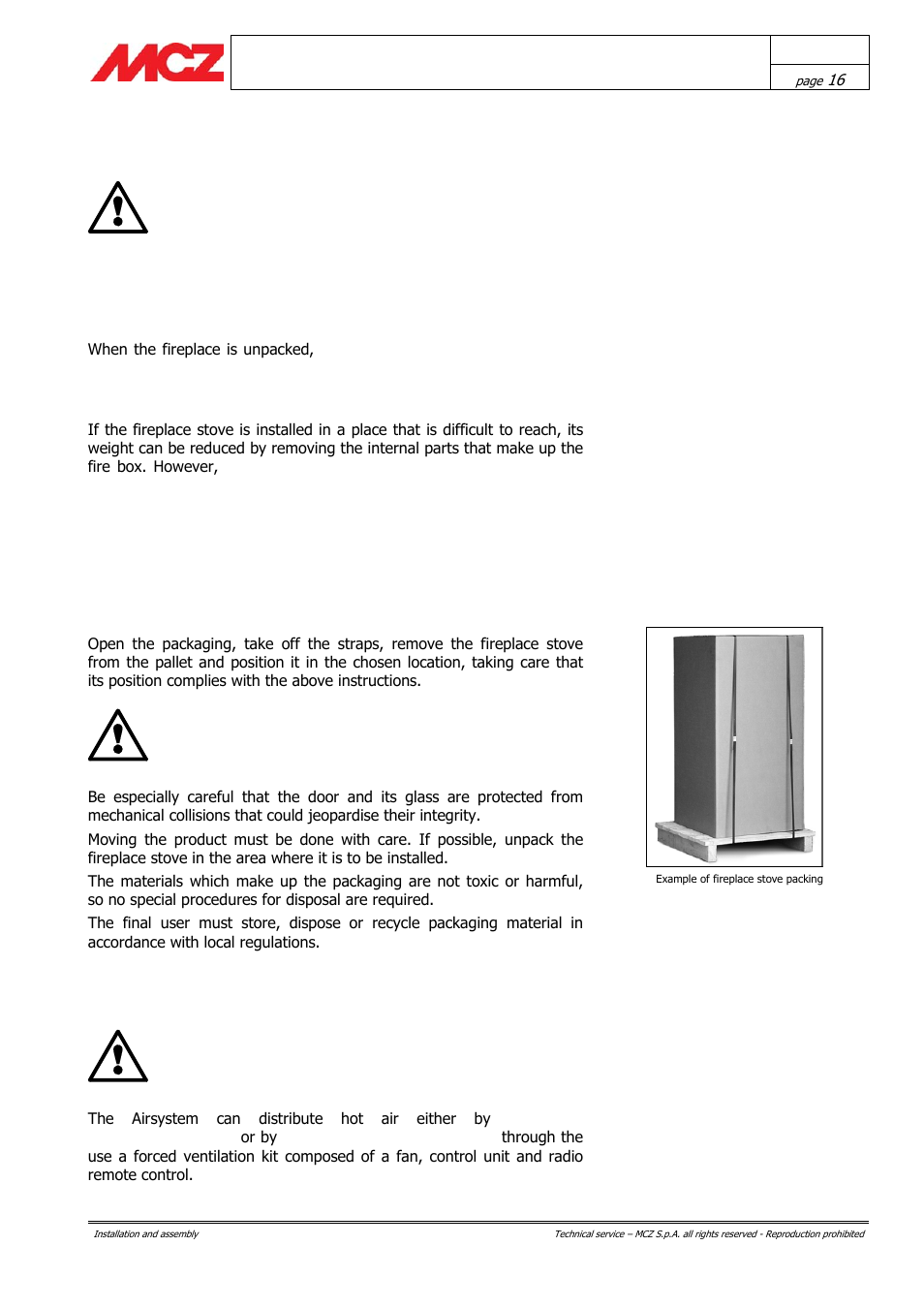 Installation and assembly, Preparation and unpacking, Selection of operating mode | MCZ AirSystem 70 DX User Manual | Page 16 / 37
