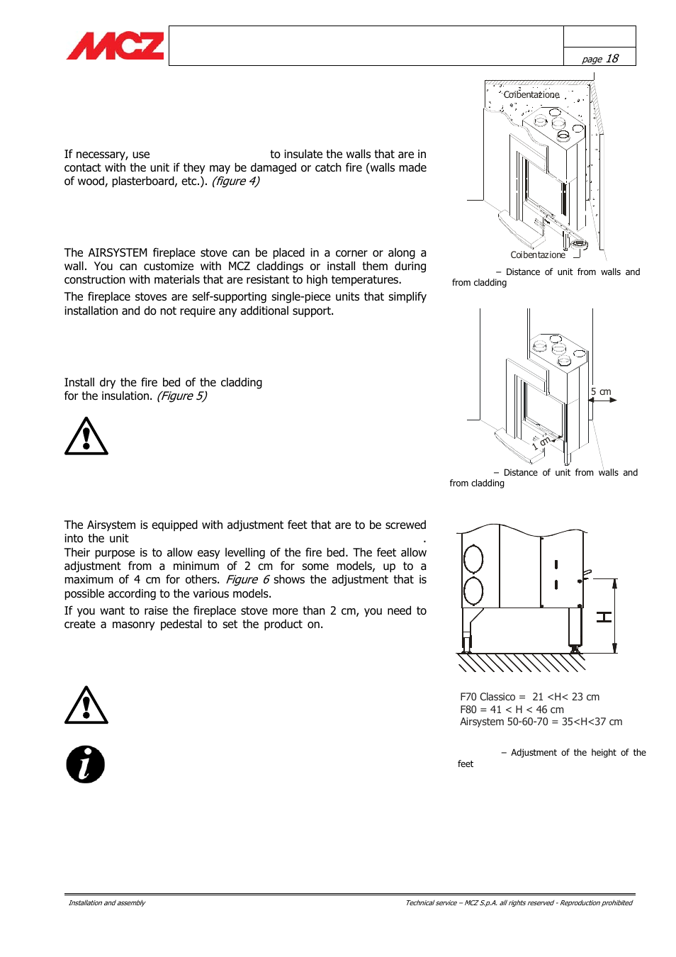Insulation of fireplace stove, Positioning, Adjustment of height and balancing | MCZ AirSystem 70 DX User Manual | Page 18 / 37