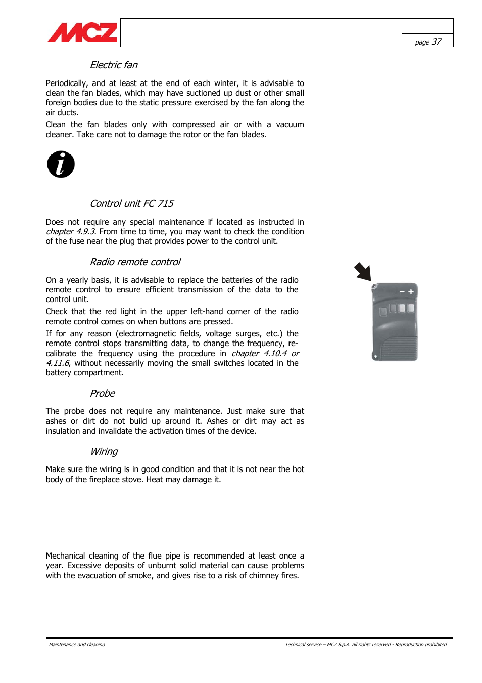 Electric fan, Control unit fc 715, Radio remote control | Probe, Wiring | MCZ AirSystem 70 DX User Manual | Page 37 / 37