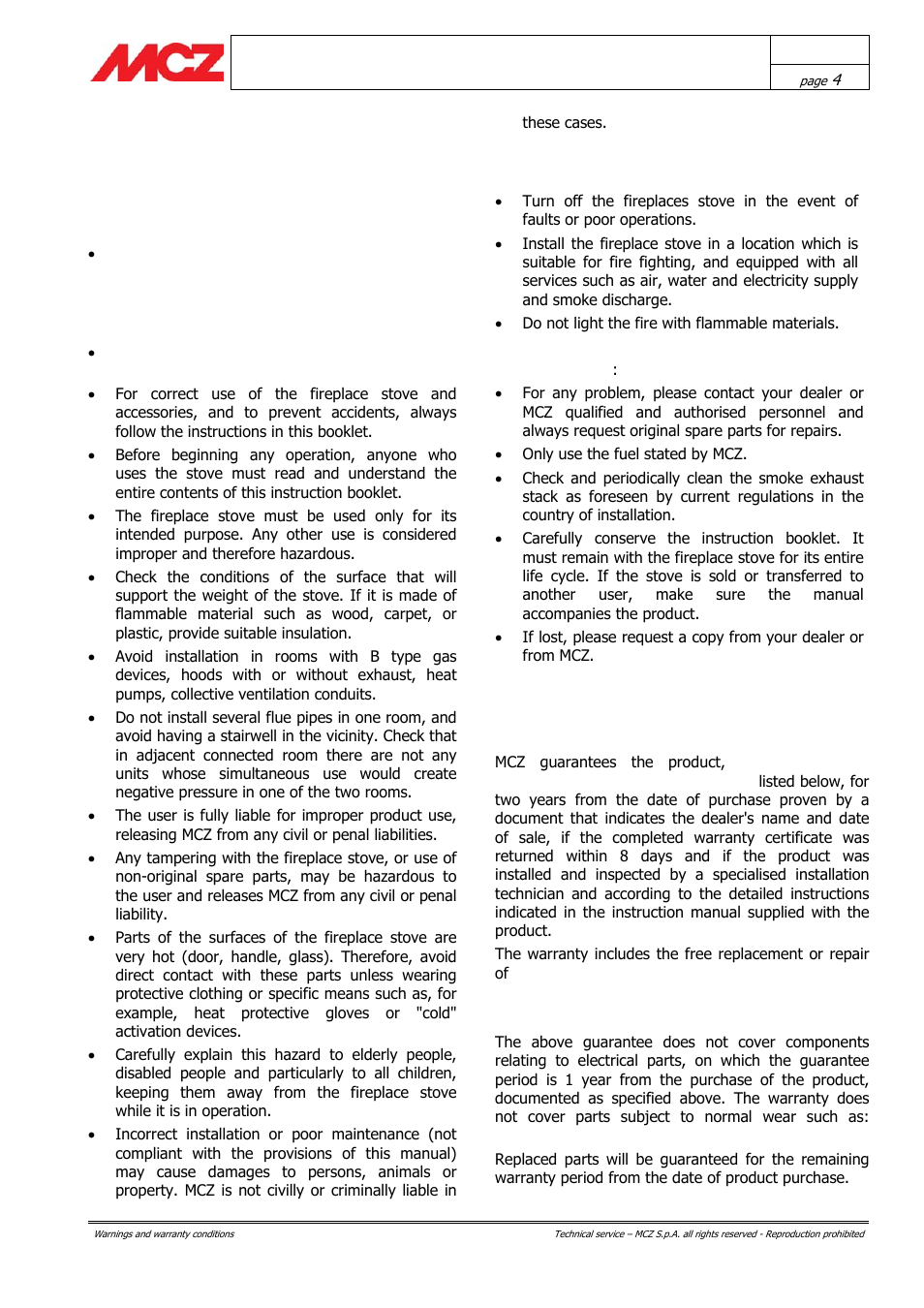 Warnings and warranty conditions | MCZ AirSystem 70 DX User Manual | Page 4 / 37