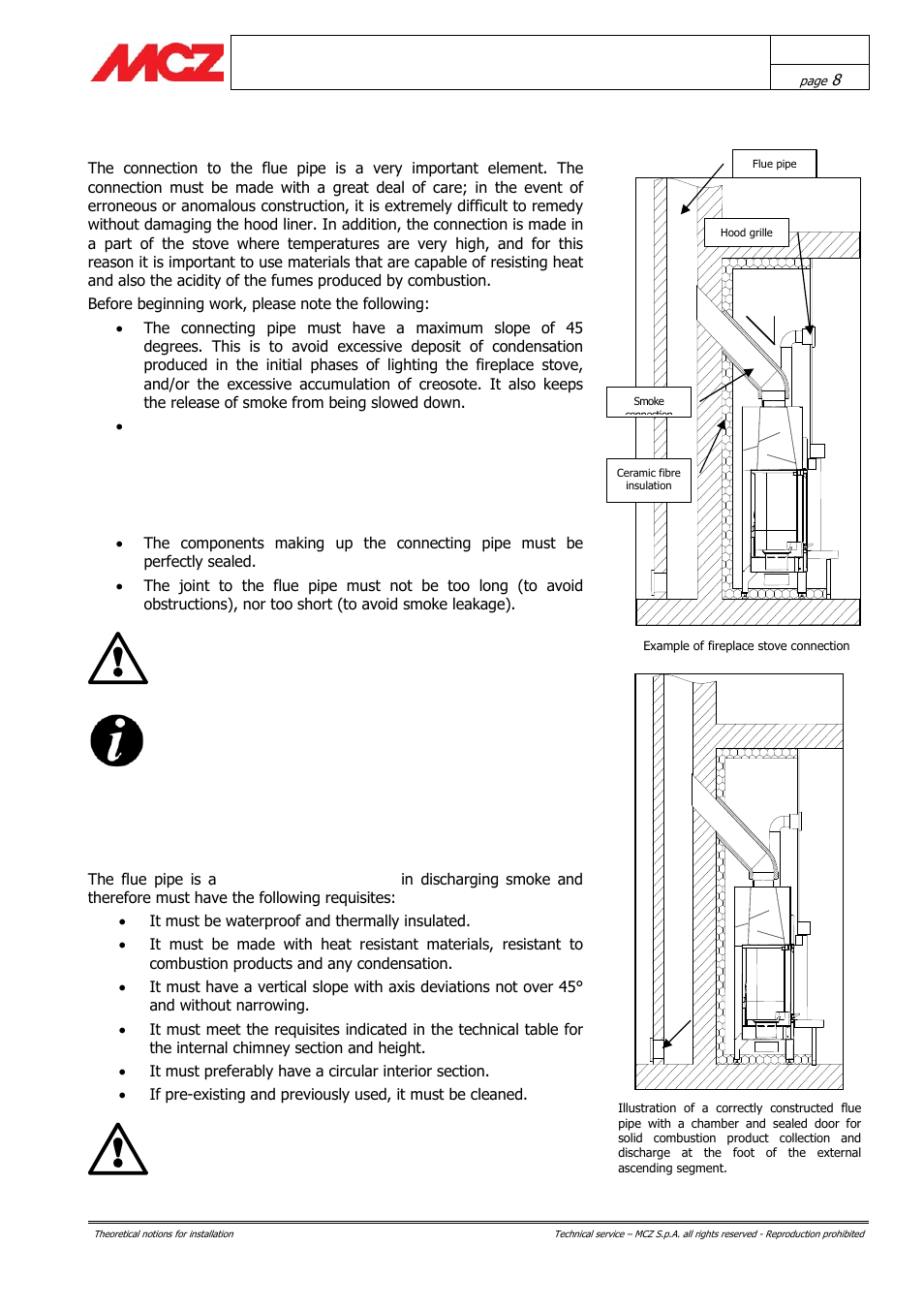 Connection to the flue pipe, Flue pipe | MCZ AirSystem 70 DX User Manual | Page 8 / 37