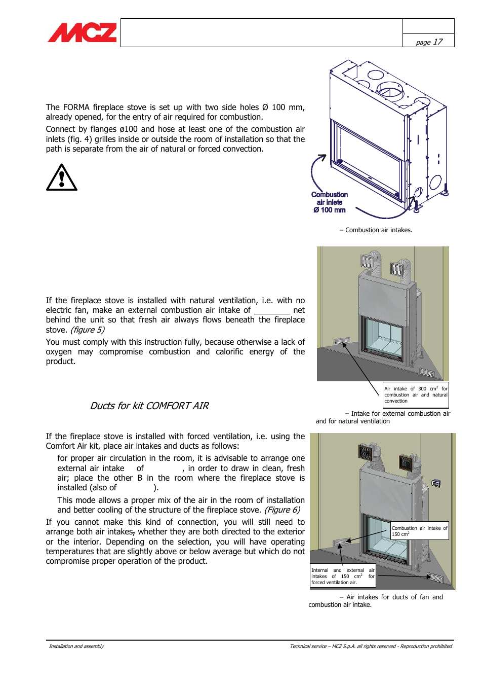 Ducts for kit comfort air, Air inlet for natural ventilation, Air inlet for forced ventilation 4.6.3.1 | MCZ Forma PURO 115 User Manual | Page 17 / 40