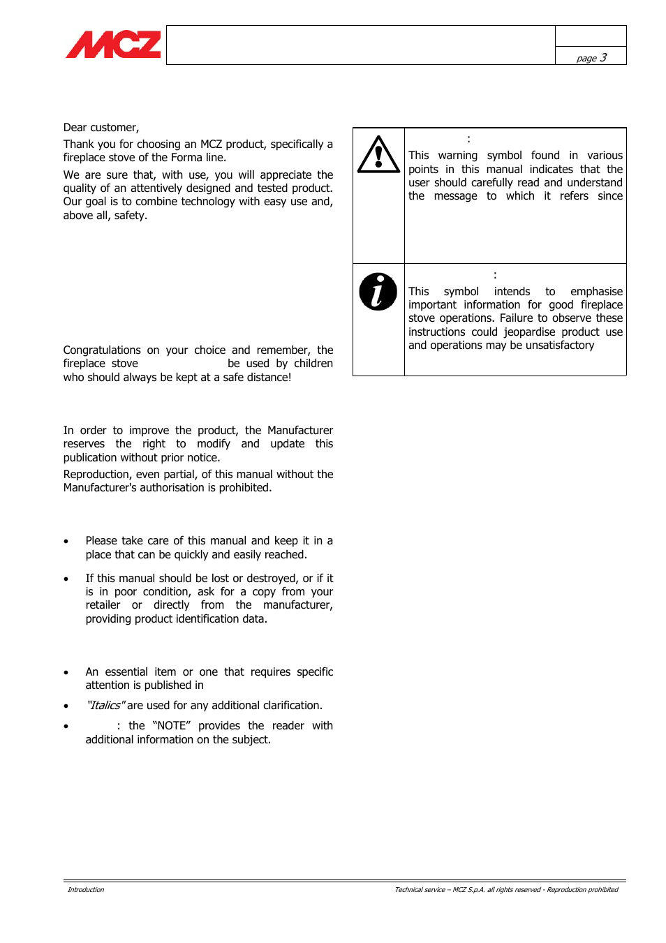Introduction | MCZ Forma PURO 115 User Manual | Page 3 / 40
